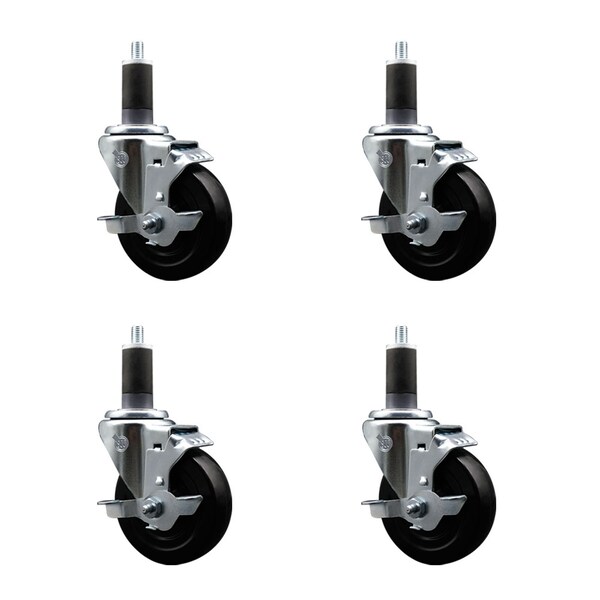 4'' SS Soft Rubber Swivel 1-1/4'' Expanding Stem Caster Set with Brake, 4PK